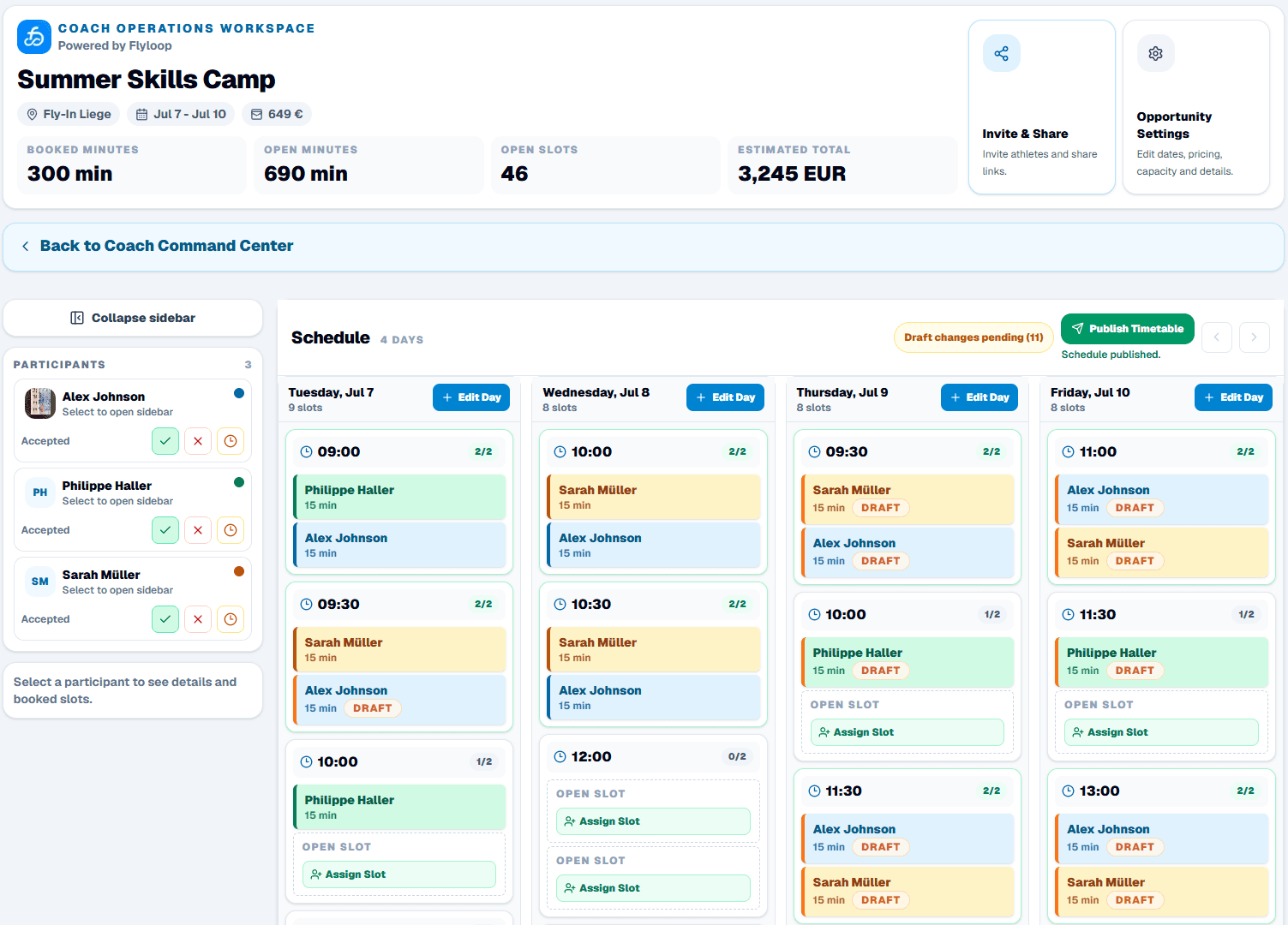 Flyloop coach operations workspace showing schedule, participants, and publishing controls