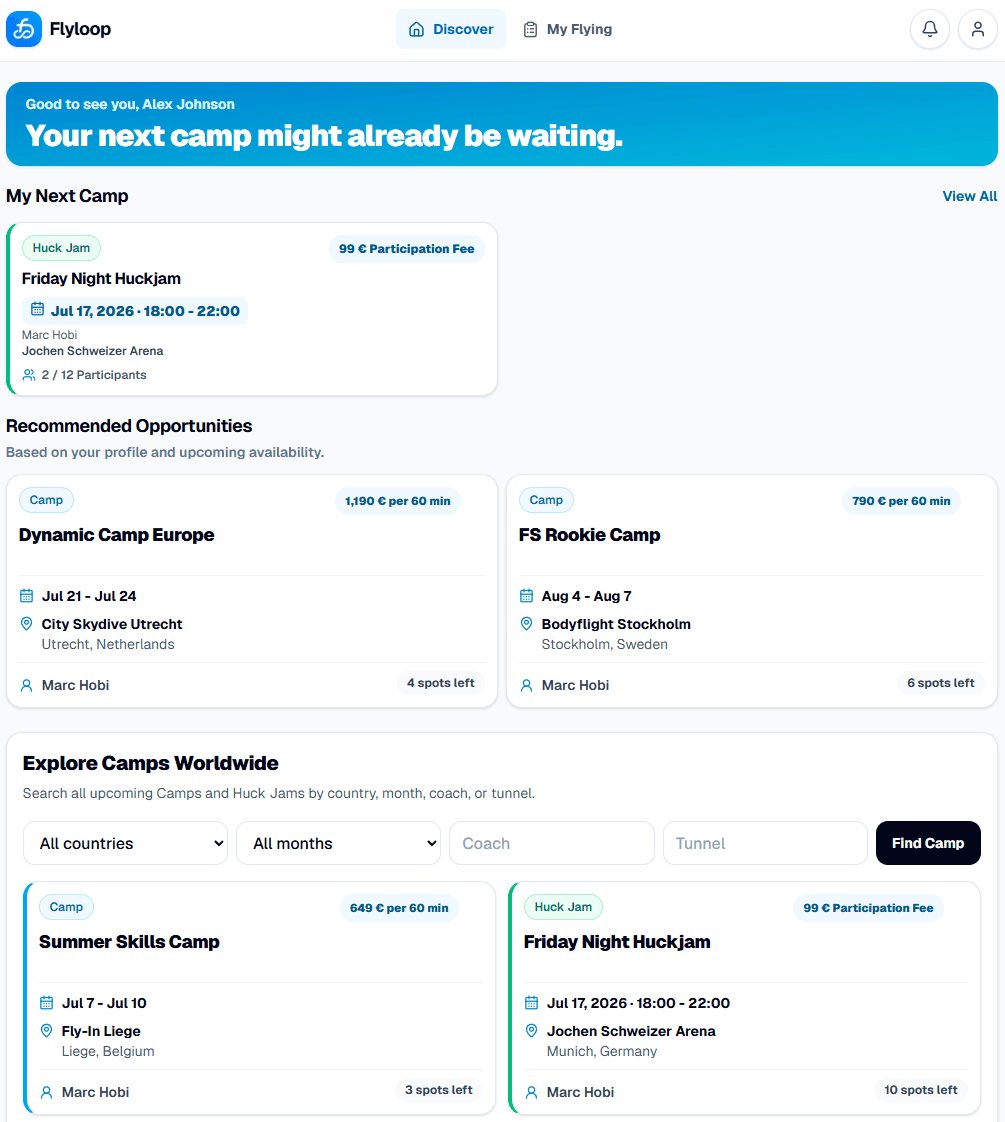 Flyloop discover screen showing upcoming camps and recommended opportunities