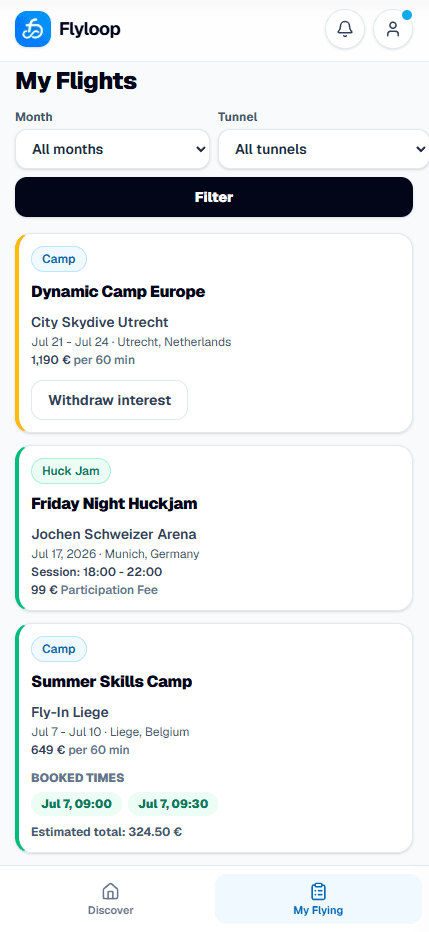 Flyloop my flying screen showing booked sessions and timetable
